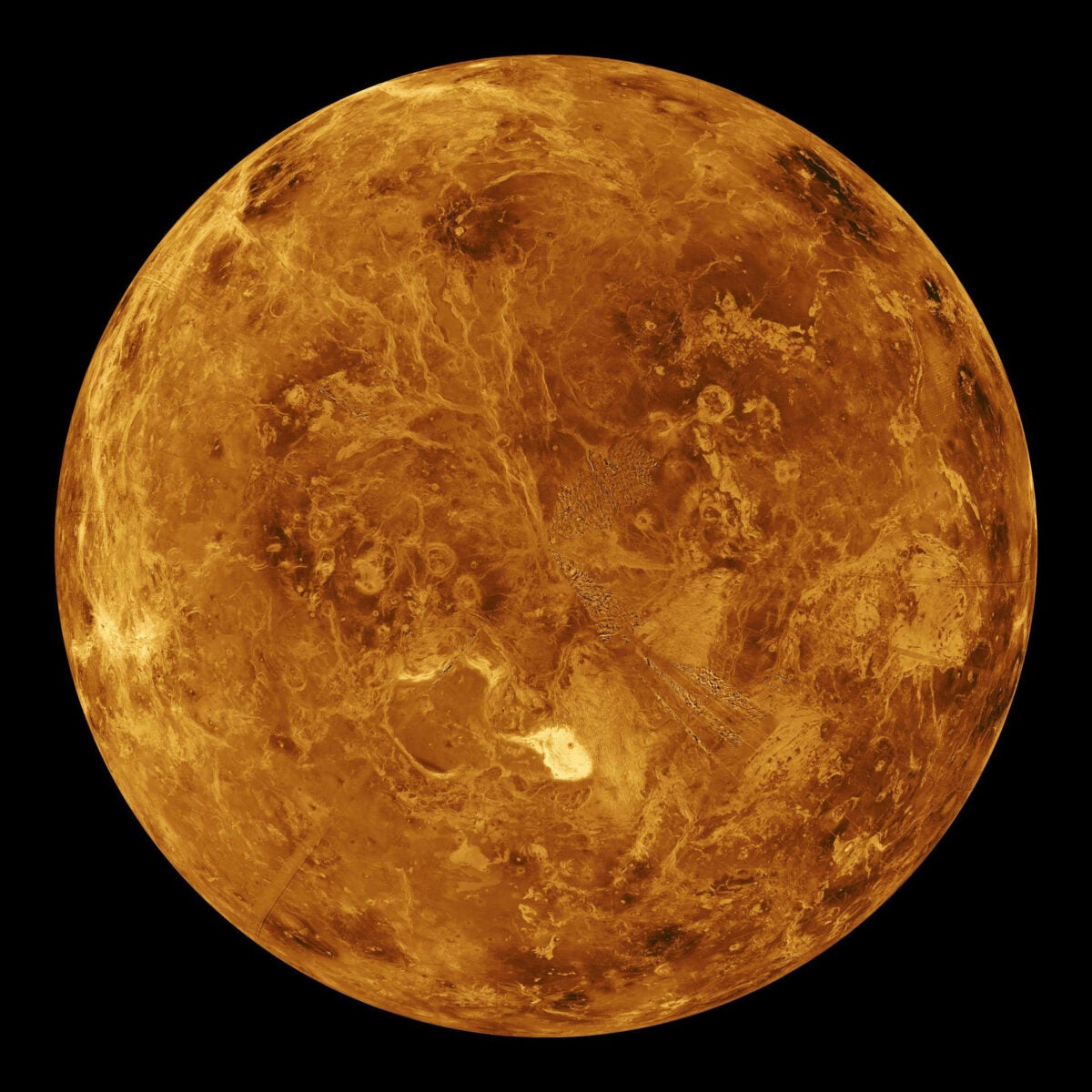 Venus’ northern hemisphere is shown here, as imaged by radar aboard the Magellan spacecraft. The planet’s surface is younger than expected, indicating a relatively recent global resurfacing event.
