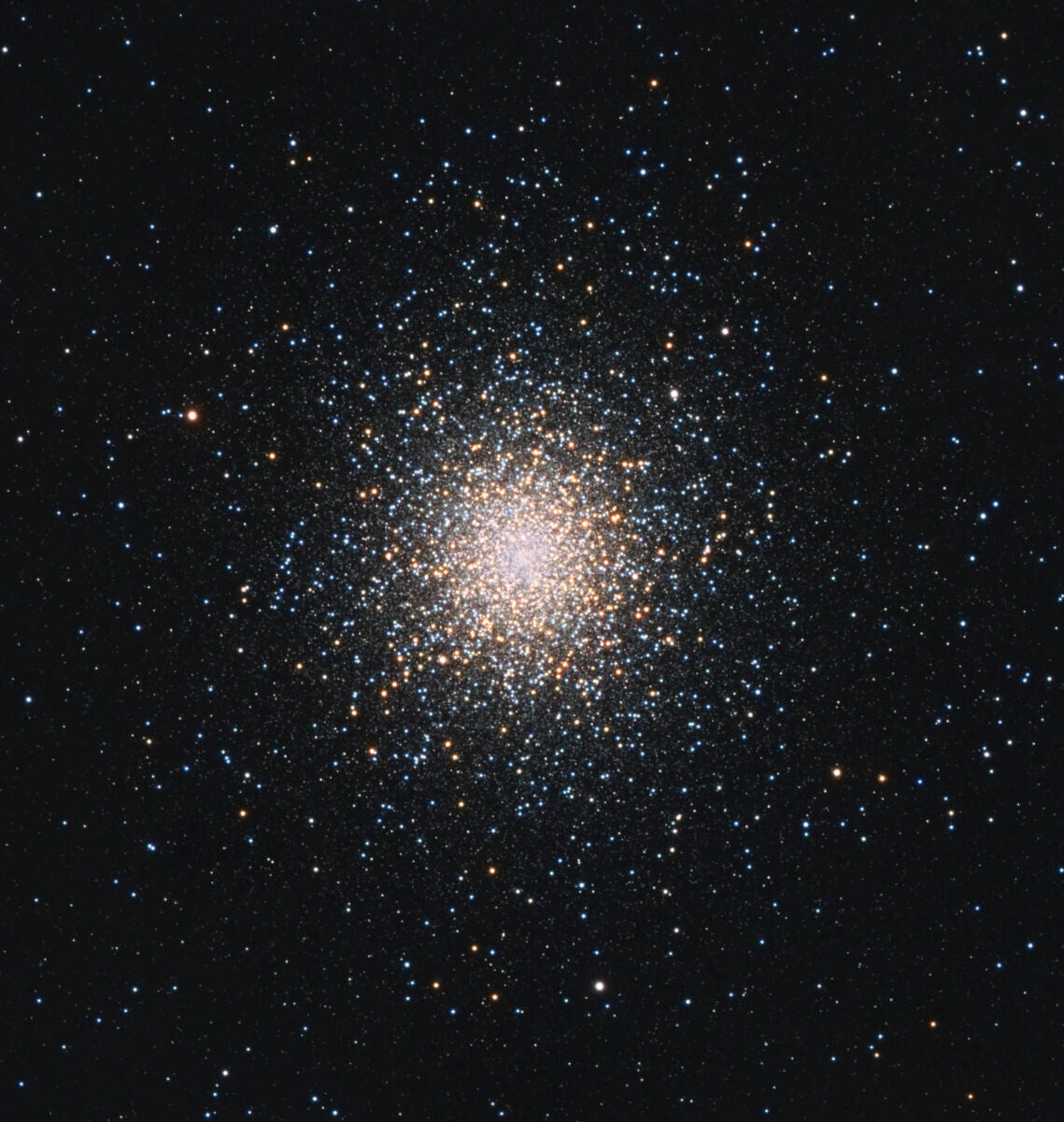 NGC 104, or 47 Tucanae, is the second brightest globular star cluster in the night sky at magnitude 4.1. Located in the constellation Tucana, this globular contains hundreds of thousands of members — 27 of them fast rotating pulsars.