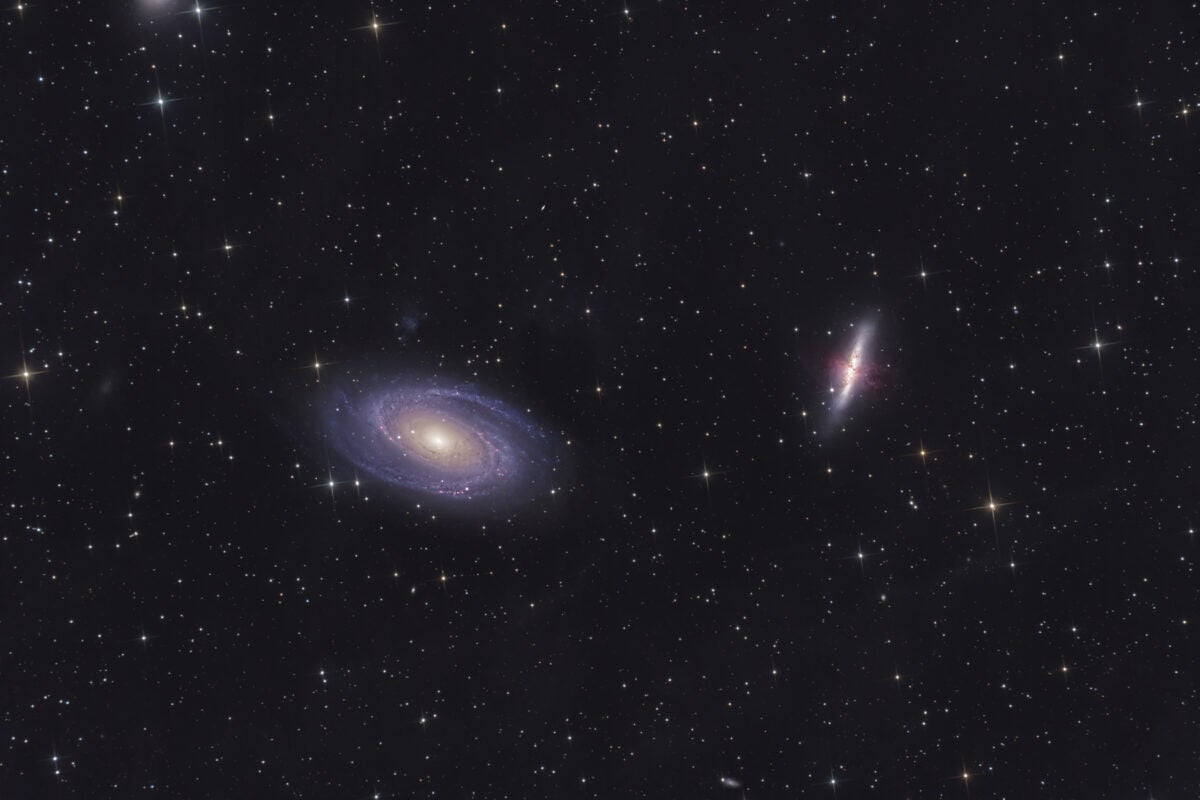 M81 is a classic spiral galaxy, while M82 is seen from edge-on.