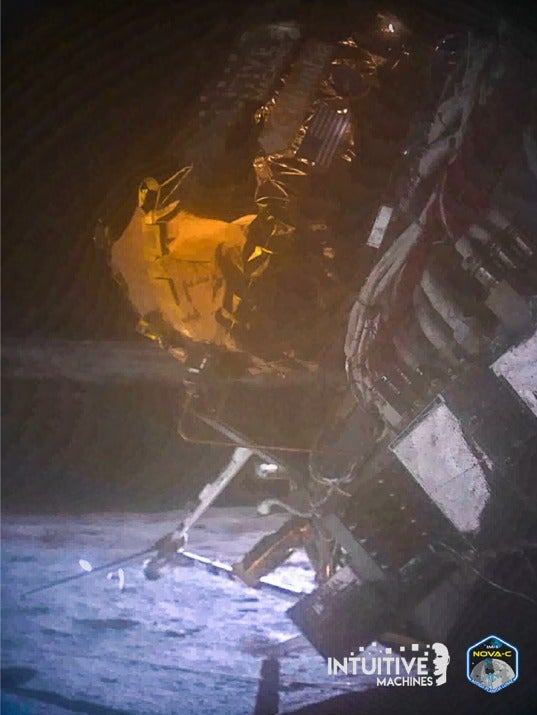 A photo from Odysseus shows its orientation on the Moon. Credit: Intuitive Machines.